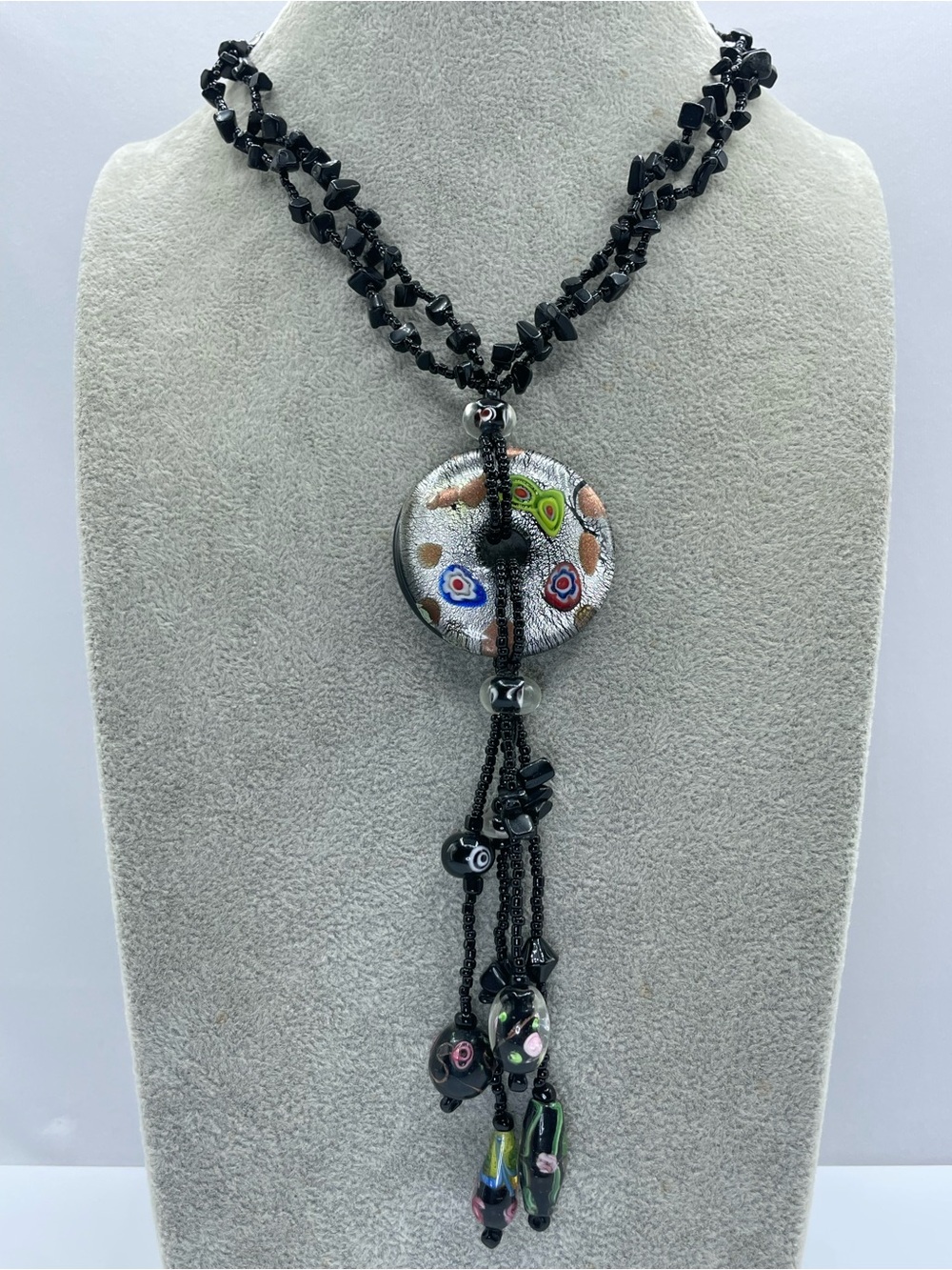 Black Crystal Glass Beaded Blown Glass Medallion Tassel Statement Necklace